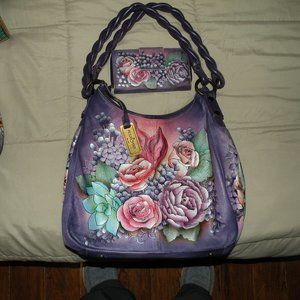 Large genuine leather Anuschka with matching wallet